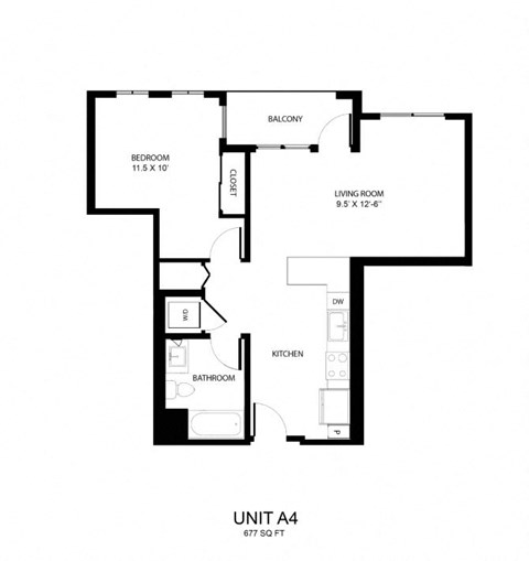 Floor plan for 1 bed, 1 bath, 677 sqft